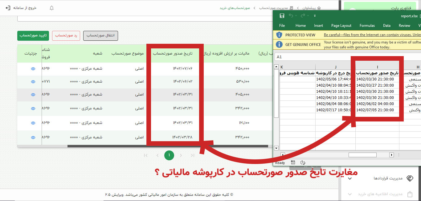 علت مغایرت تاریخ صورتحساب ها در کارپوشه